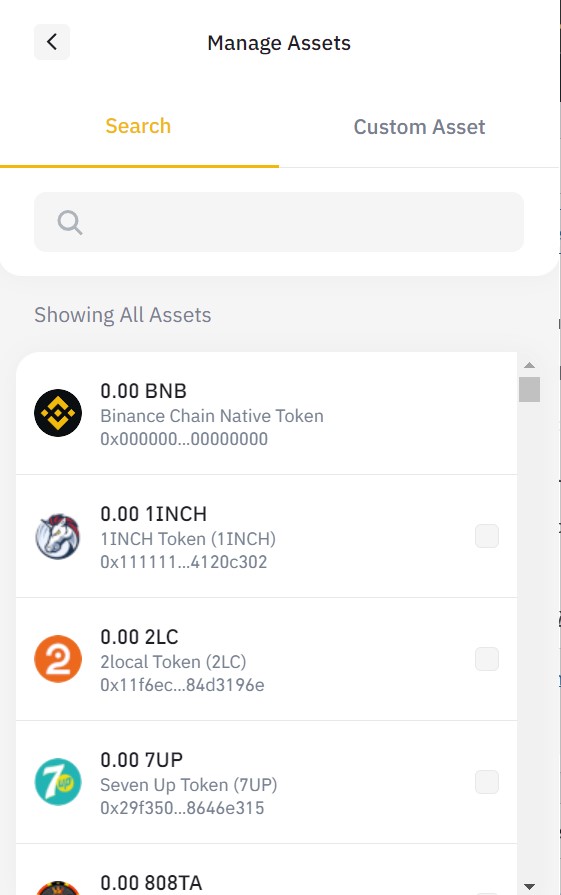 Ajout de tokens sur le Binance Wallet