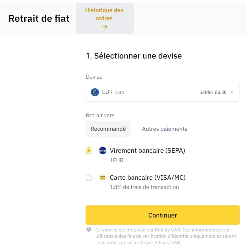 Choix du retrait et de la devise