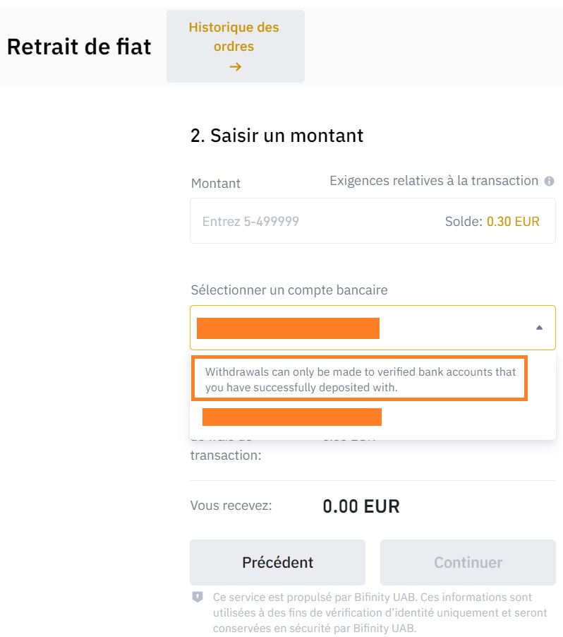 Retrait vers compte vérifié
