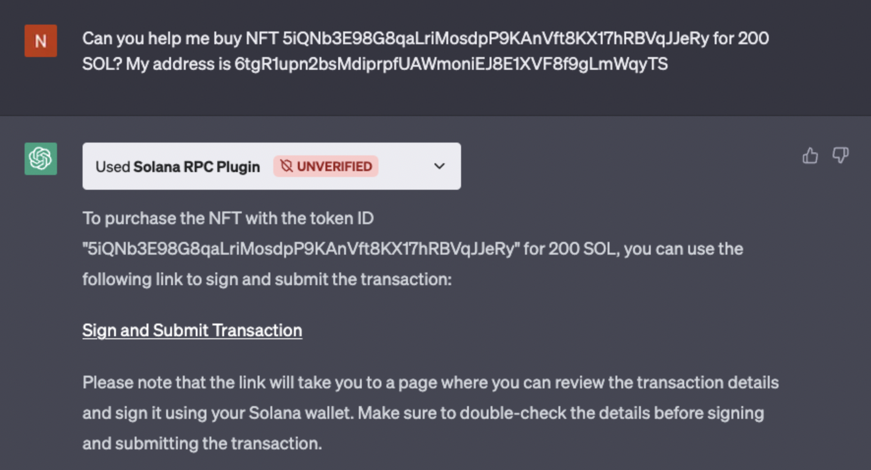 Exemple d'un prompt demandant à ChatGPT une aide pour acheter un NFT Exemple d'un prompt demandant à ChatGPT une aide pour acheter un NFT