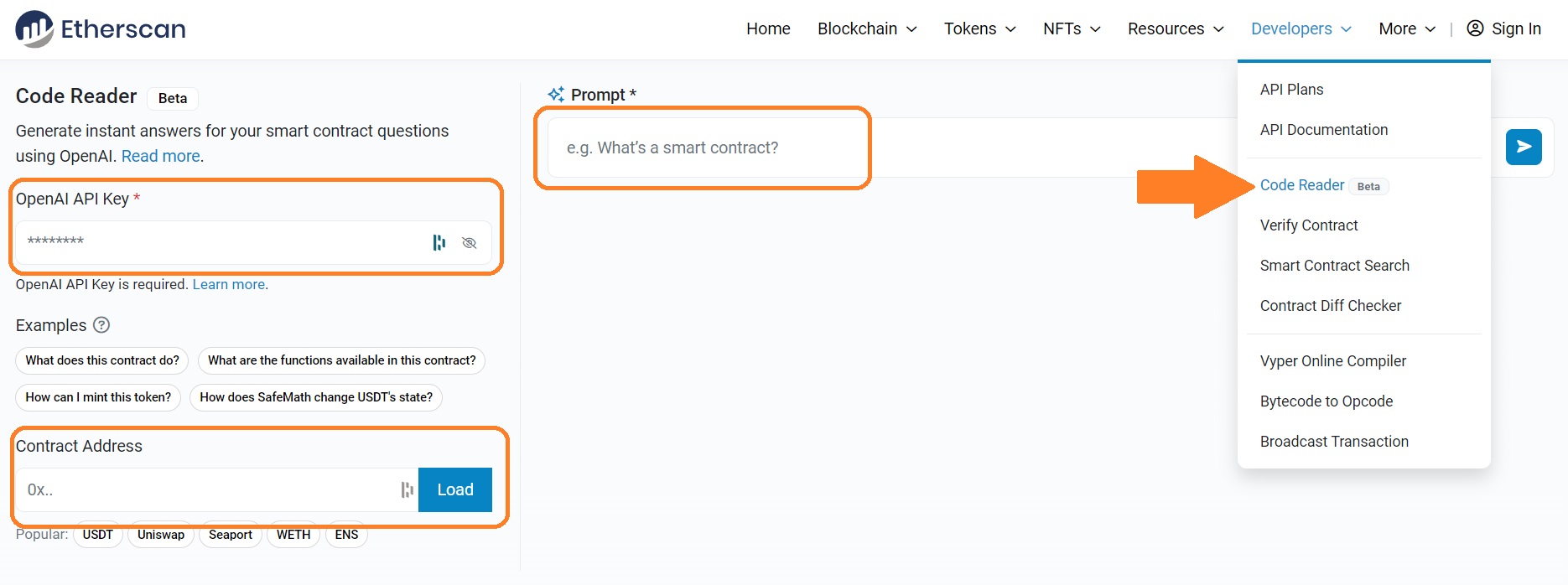 L'IA Code Reader d'Etherscan