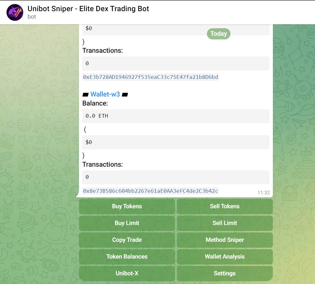 Aperçu de l'interface d'Unibot sur Telegram