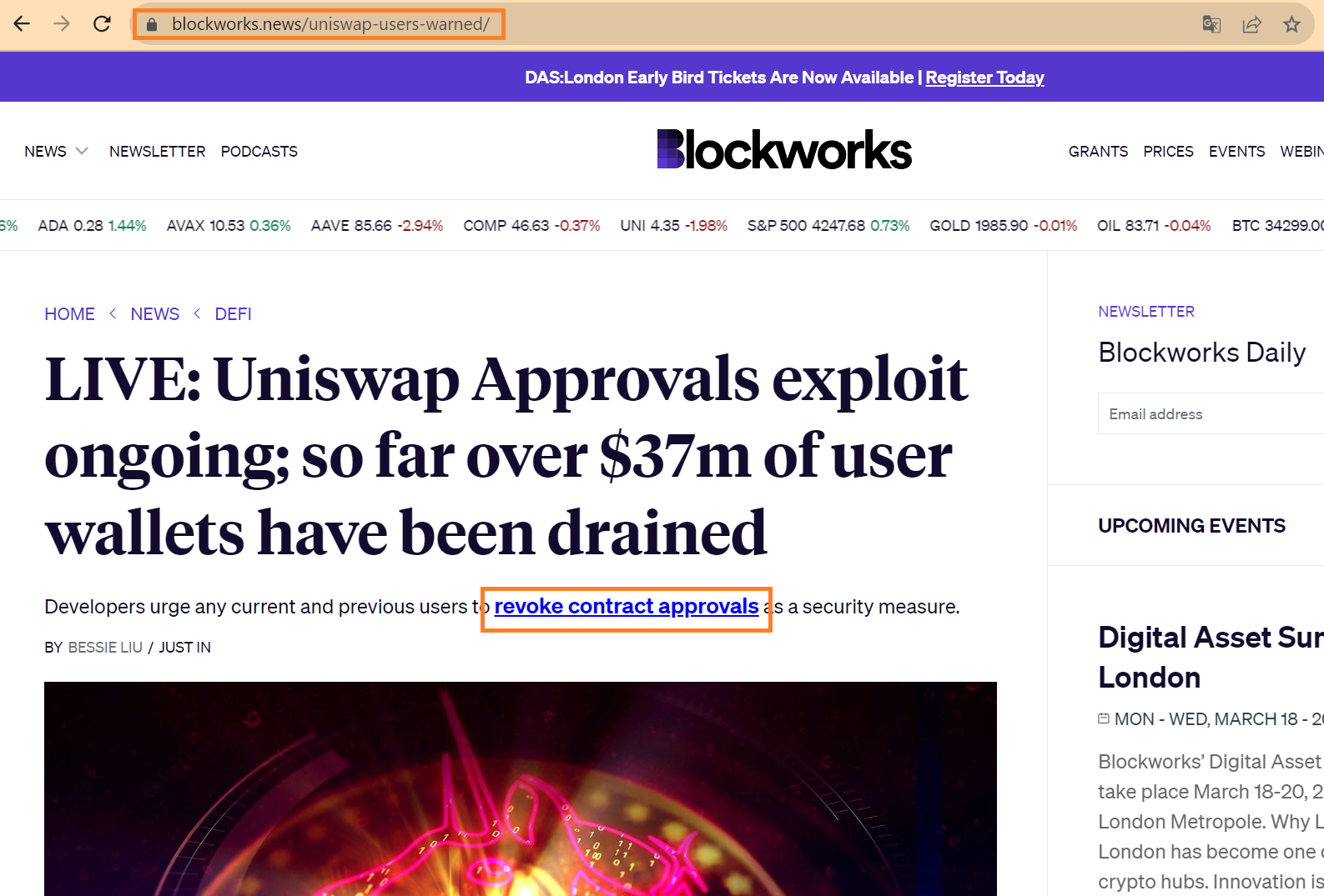 Article de phishing frauduleux sur le faux site Web de Blockworks Article de phishing frauduleux sur le faux site Web de Blockworks
