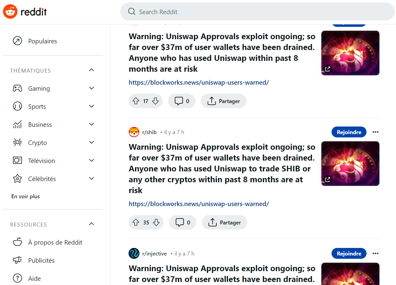 Subreddits frauduleux alertant d'un prétendu hack d'Uniswap Subreddits frauduleux alertant d'un prétendu hack d'Uniswap