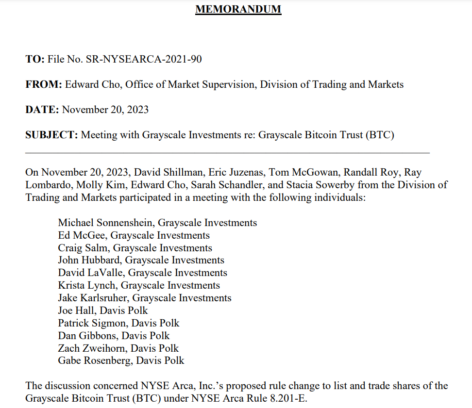 Note à propos de la réunion entre Grayscale et la SEC Note à propos de la réunion entre Grayscale et la SEC