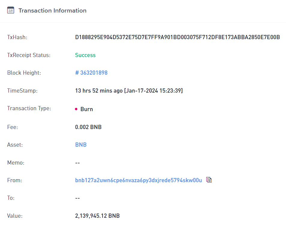 Transaction du 26e burn trimestriel de BNB Transaction du 26e burn trimestriel de BNB