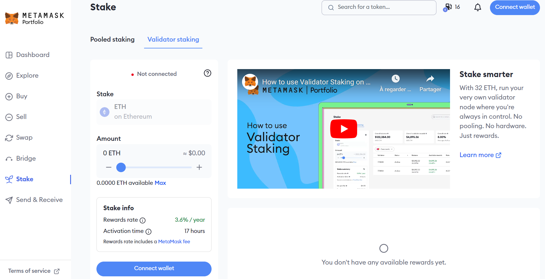 Interface du staking d'ETH sur MetaMask Interface du staking d'ETH sur MetaMask