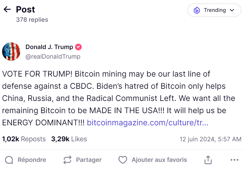 Message de Donald Trump sur Truth Social Message de Donald Trump sur Truth Social