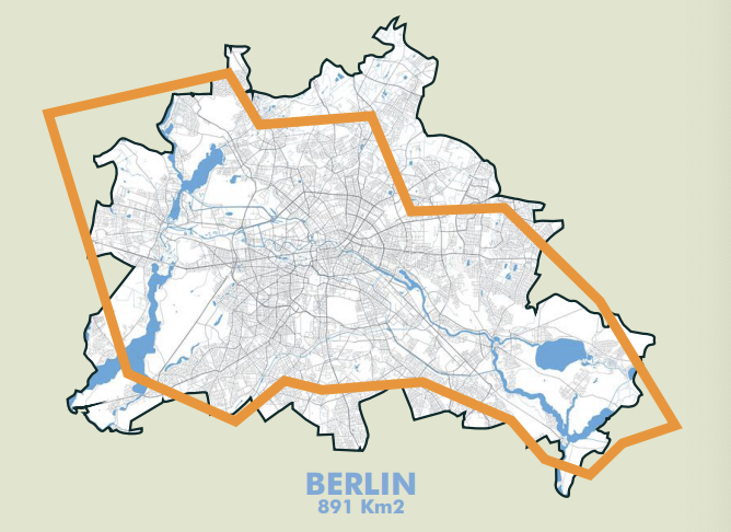 Illustration comparant la surface souhaitée pour la citadelle et la superficie de la ville de Berlin Illustration comparant la surface souhaitée pour la citadelle et la superficie de la ville de Berlin
