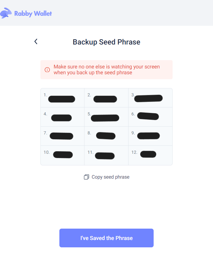 Les 12 mots symbolisant votre clé privée de Rabby Wallet