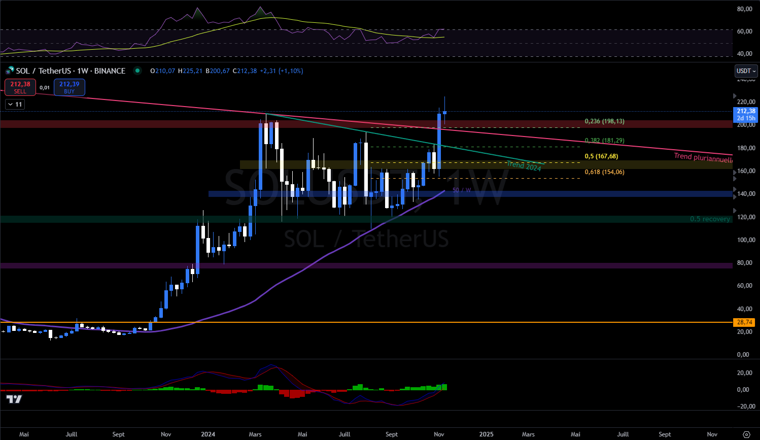 Graphique du cours du Solana contre le dollars en W (hebdomadaire) Graphique du cours du Solana contre le dollars en W (hebdomadaire)