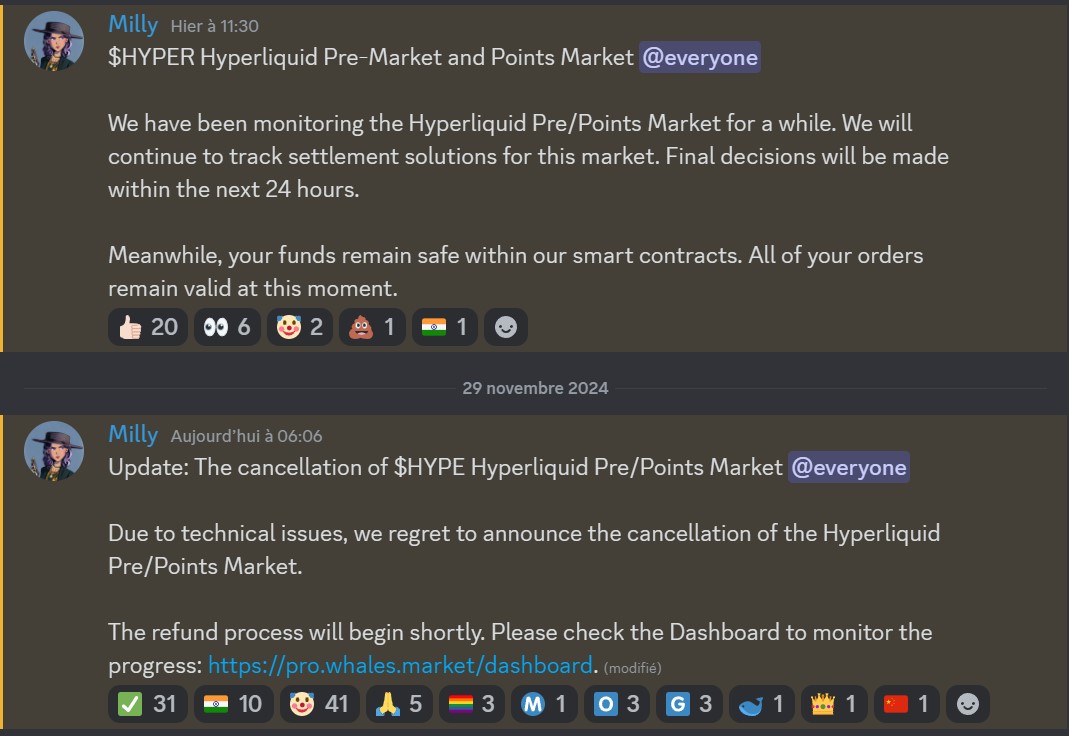 Annonce de Whales Market au sujet de l'airdrop d'Hyperliquid Annonce de Whales Market au sujet de l'airdrop d'Hyperliquid