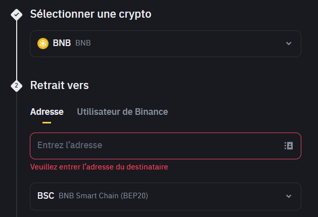 Adresse Réseau Retrait BNB Binance