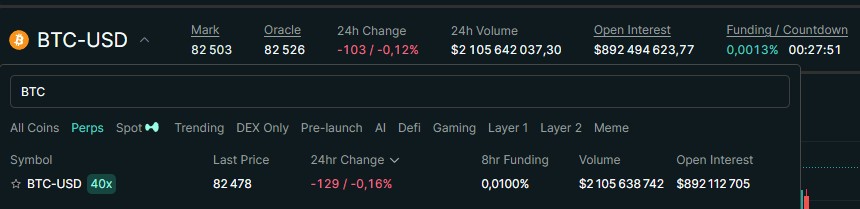 Paire BTC-USD Hyperliquid