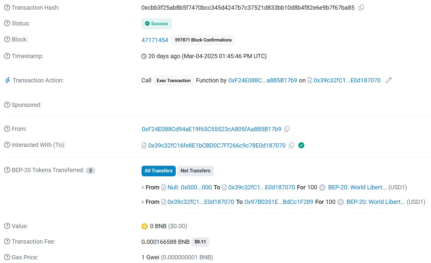 Transaction montrant le déploiement de l'USD1 de World Liberty Financial Transaction montrant le déploiement de l'USD1 de World Liberty Financial