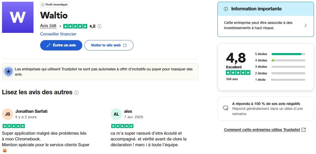 Avis Waltio Trustpilot