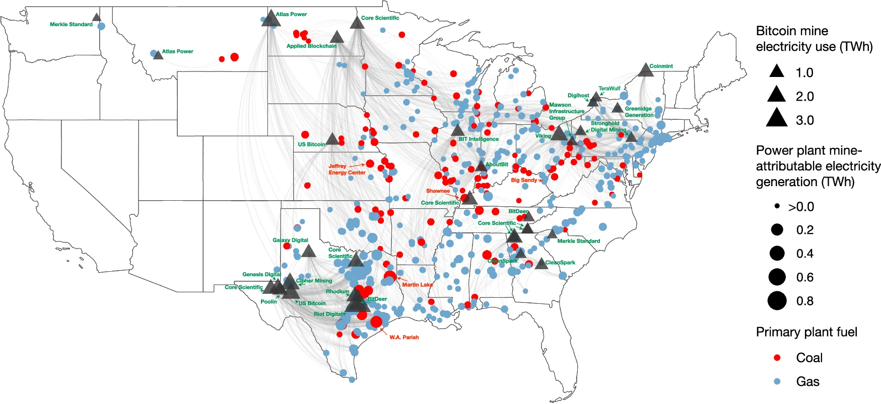 Localisation des fermes de minage étudiées et des sites de production d'électricité Localisation des fermes de minage étudiées et des sites de production d'électricité