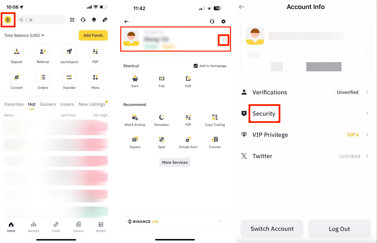 Supprimer Compte Binance Application Étape 1