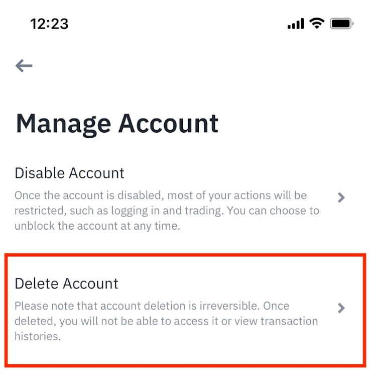 Supprimer Compte Binance Application Étape 3