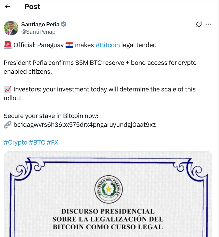 Tweet frauduleux annonçant la prétendue adoption de Bitcoin comme monnaie légale au Paraguay