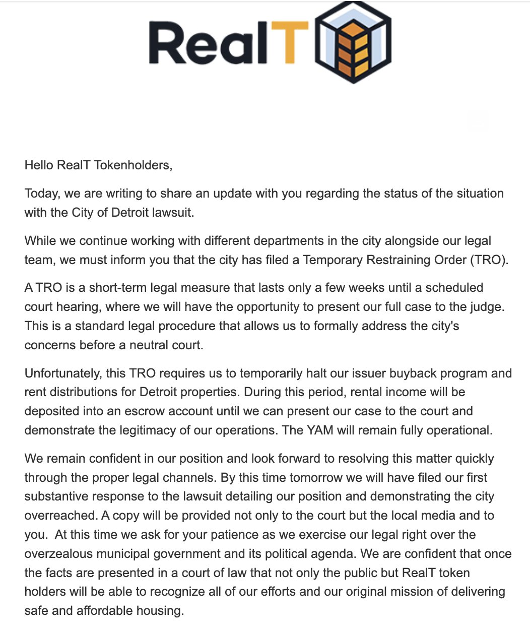 RealT sous le coup d'une ordonnance de restriction temporaire de la ville de Détroit RealT sous le coup d'une ordonnance de restriction temporaire de la ville de Détroit