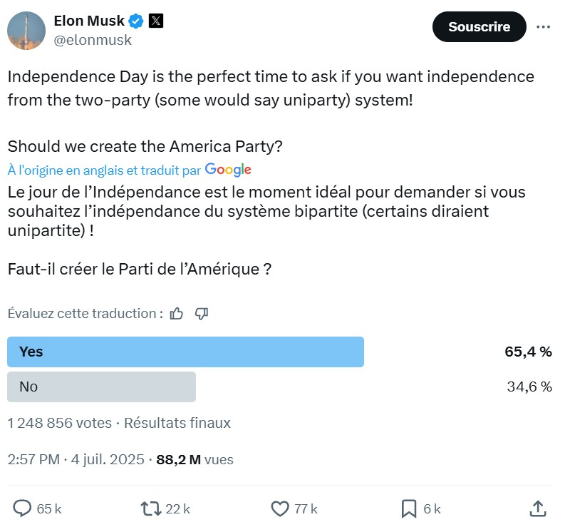 Sondage d'Elon Musk sur l'éventualité de la création d'un parti politique Sondage d'Elon Musk sur l'éventualité de la création d'un parti politique