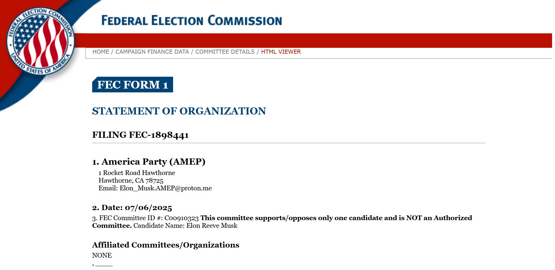Enregistrement de l'America Party auprès de la FEC Enregistrement de l'America Party auprès de la FEC