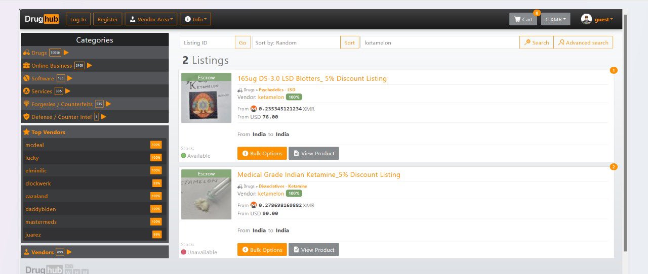 LSD et kétamine en vente par Ketamelon sur une marketplace du darkweb