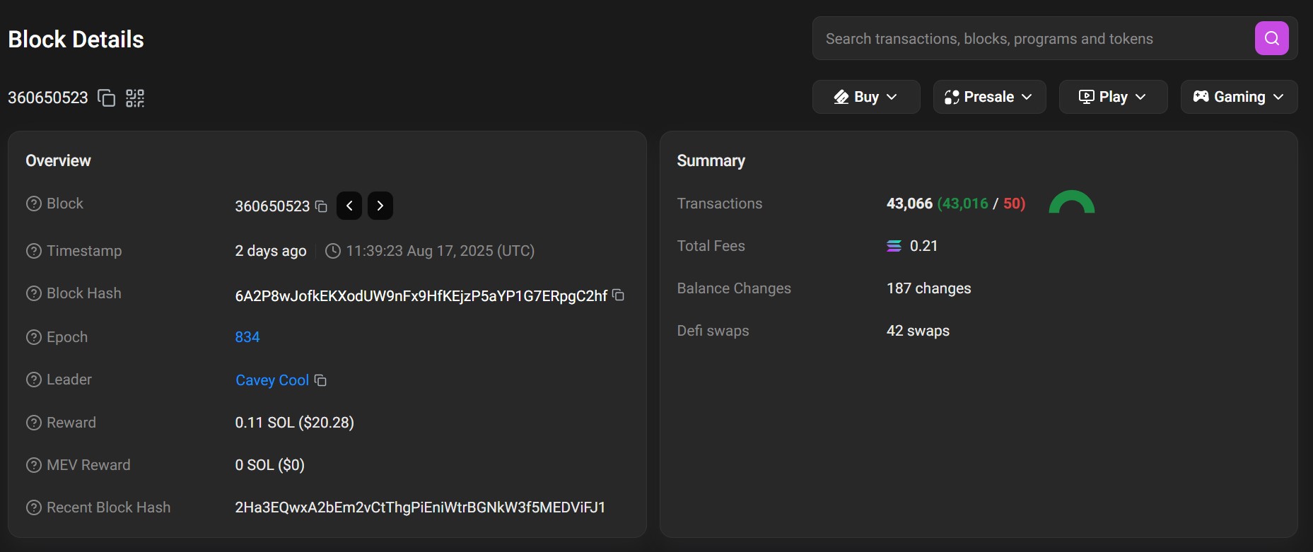 Bloc de la blockchain Solana avec 43 066 transactions