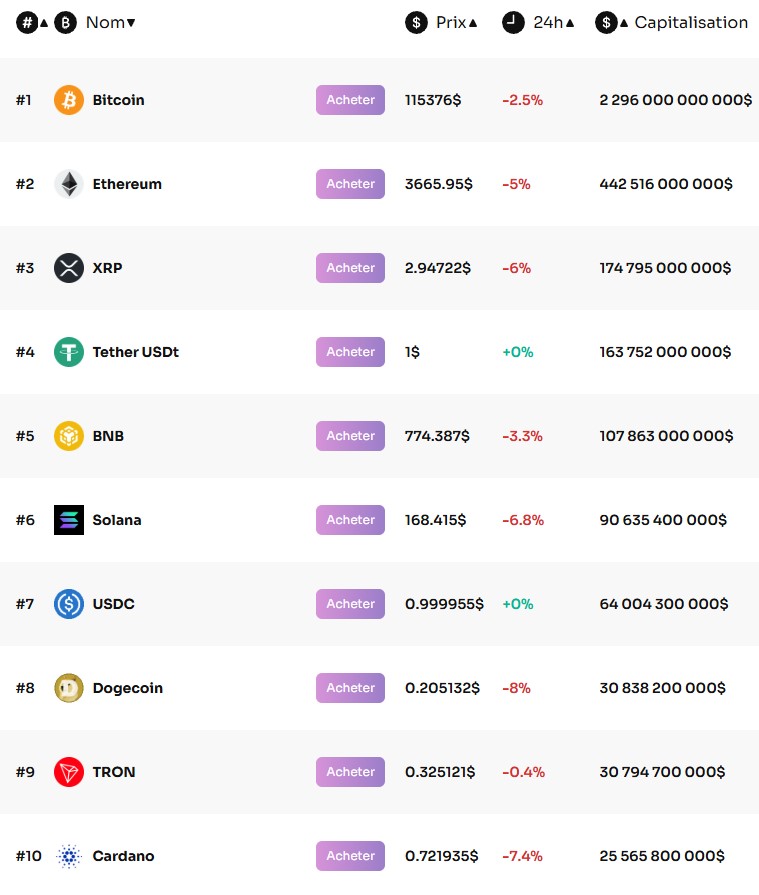 Performances du top 10 du marché crypto Performances du top 10 du marché crypto