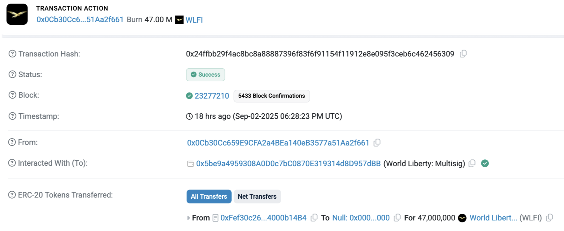 World Liberty Financial burn 47 millions de tokens WLFI