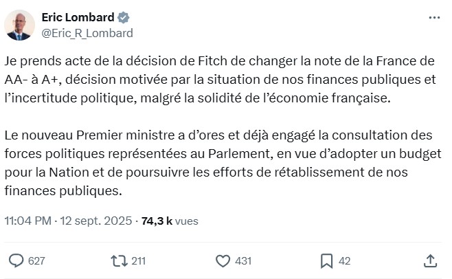 Tweet d'Eric Lombard Tweet d'Eric Lombard