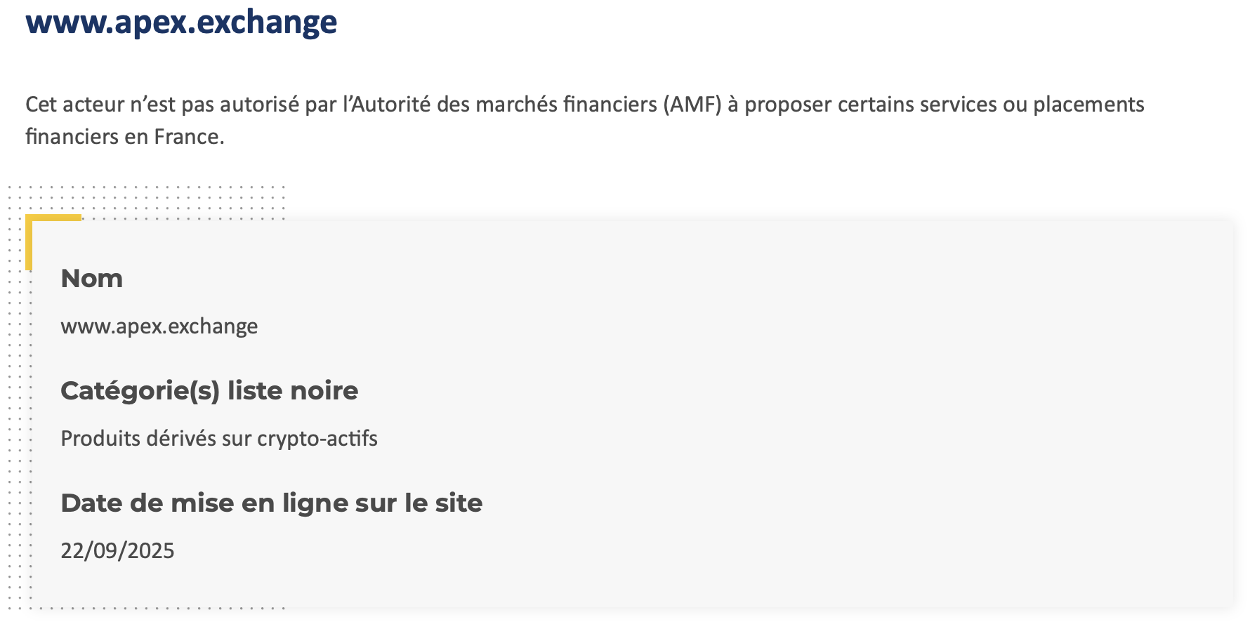 L'AMF ajoute le DEX APEX Exchange à sa liste noire