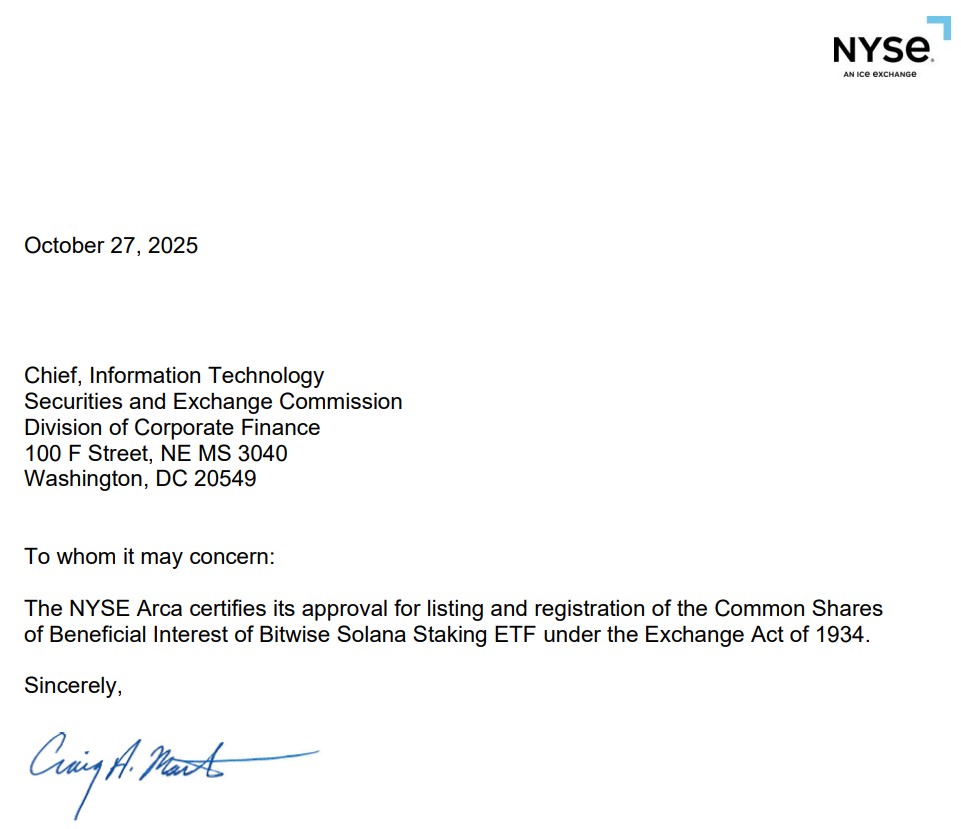 Certification pour le listing du BSOL au NYSE Arca Certification pour le listing du BSOL au NYSE Arca