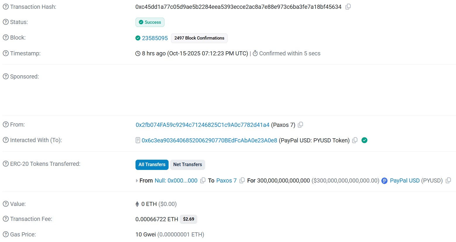 Transaction des PYUSD émis par erreur Transaction des PYUSD émis par erreur