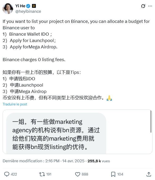 Tweet de Yi He concernant le listing sur Binance Tweet de Yi He concernant le listing sur Binance