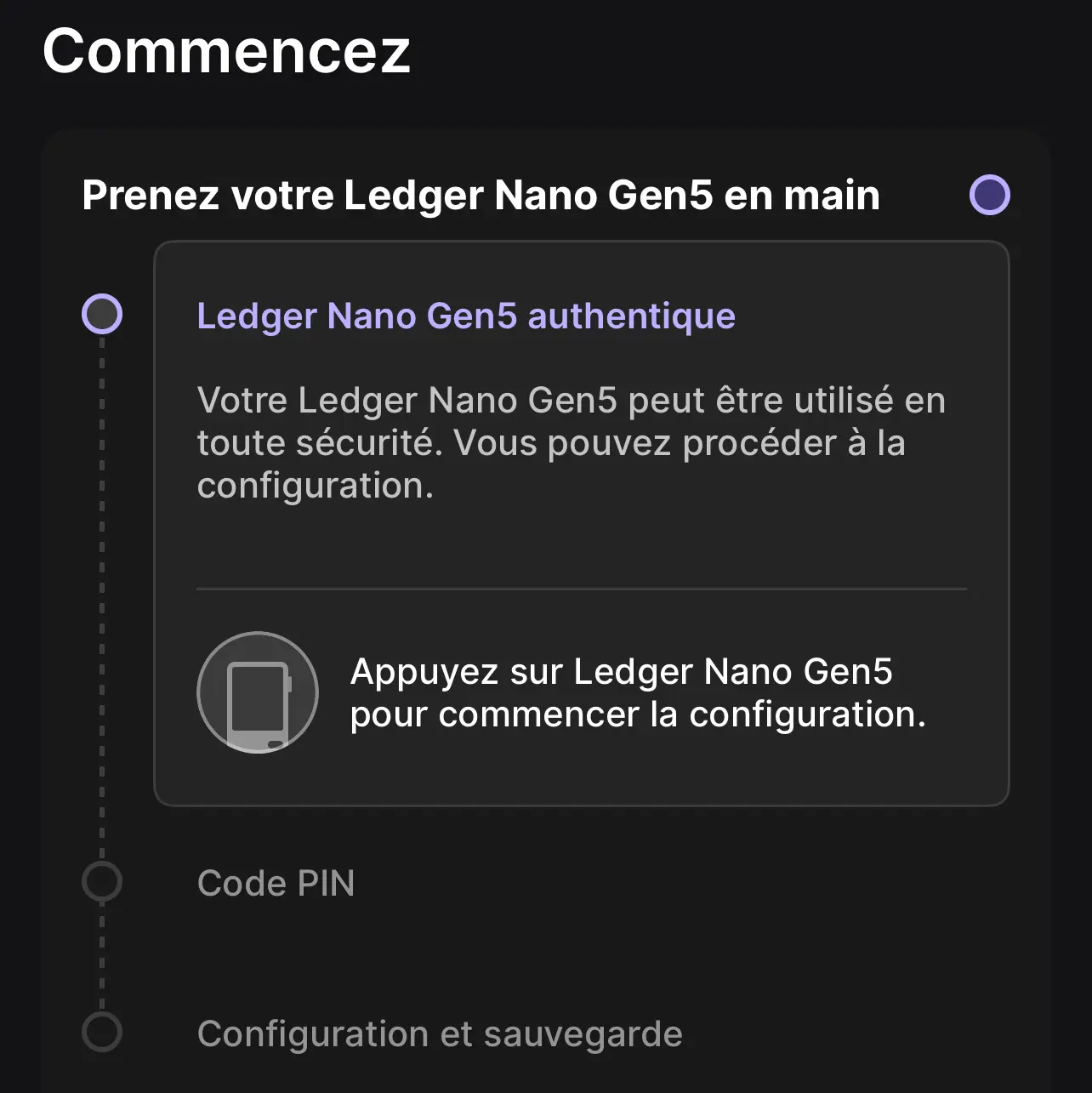 Interface de Ledger Wallet pendant la configuration du Ledger Nano Gen5