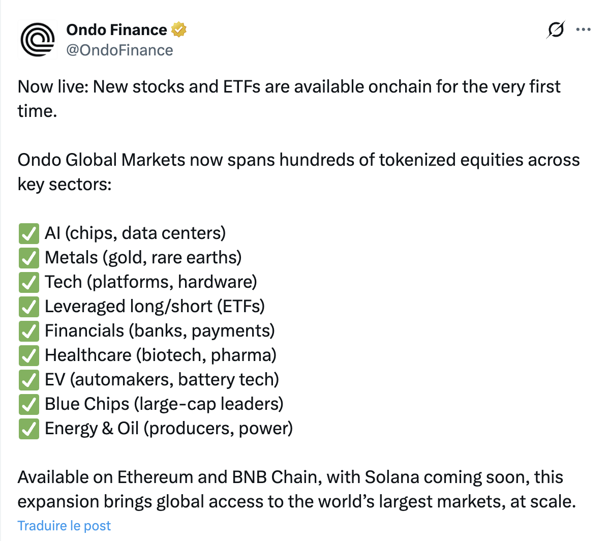 Tweet d'Ondo Finance Tweet d'Ondo Finance