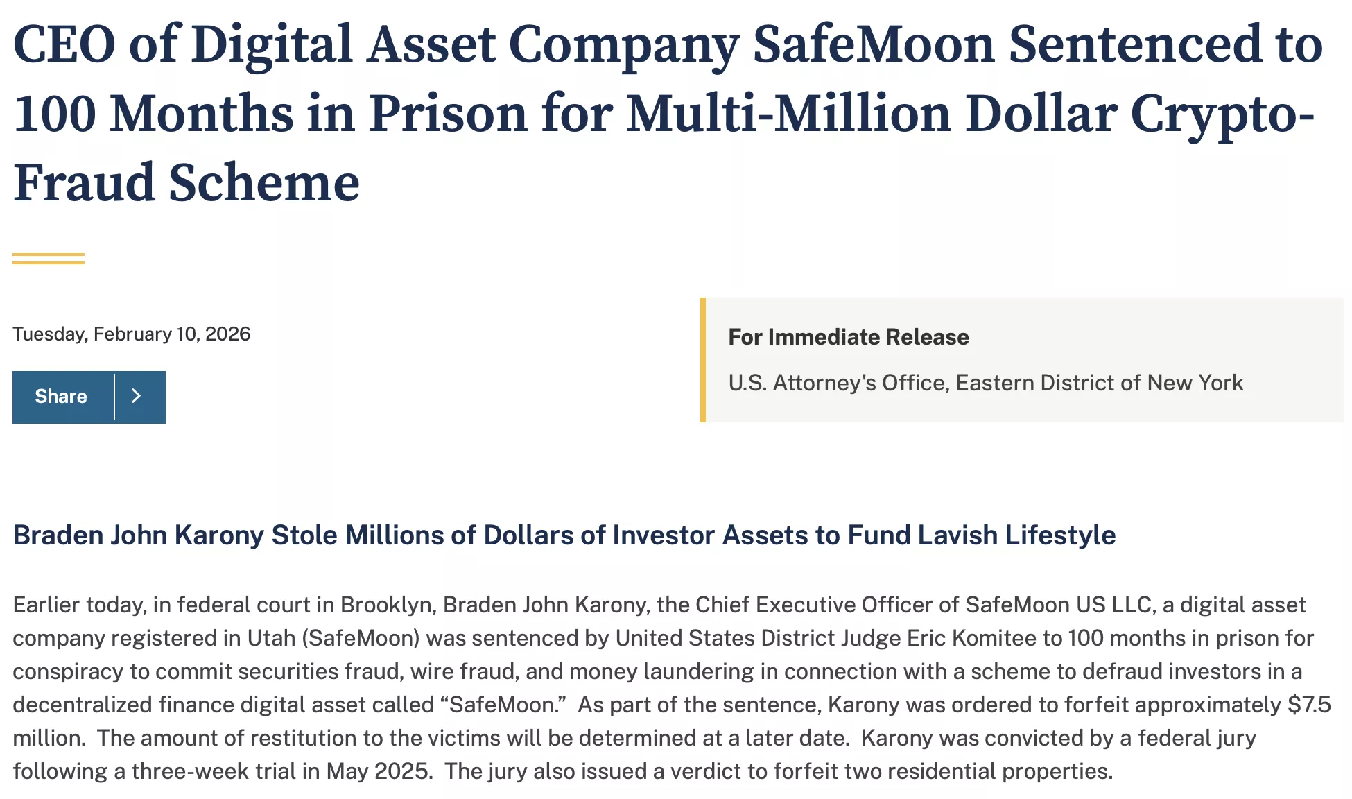 Le PDG de SafeMoon est condamné à 8 ans de prison 