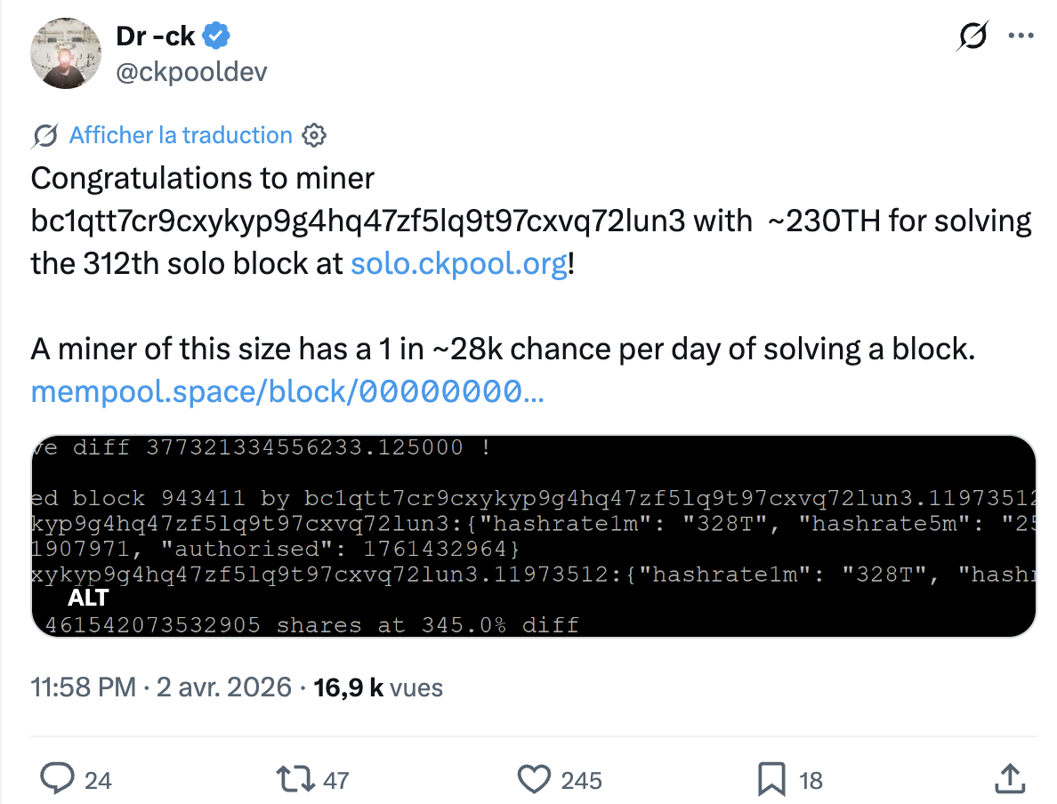 Tweet du développeur de CKPool Tweet du développeur de CKPool